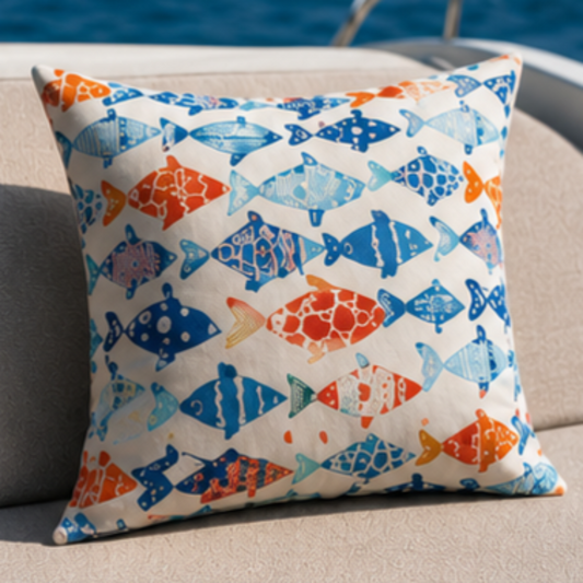 Colorful fish pattern cushion cover with blue and orange marine design on white decorative pillow