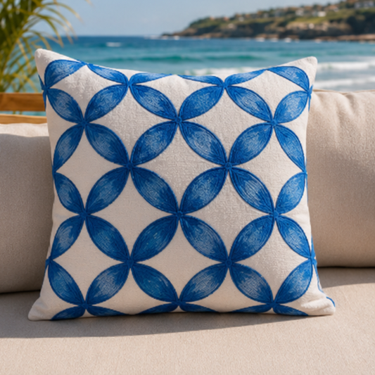 Blue geometric circle pattern cushion cover with watercolor abstract design on decorative pillow