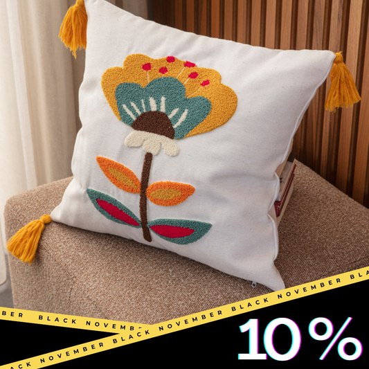 Tufted Embroidered Floral Cushion Cover with Tassels – Modern Boho Decor