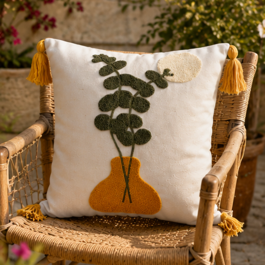 Embroidered boho cushion with vase and greenery design, cream fabric, and golden tassels on a wooden stool