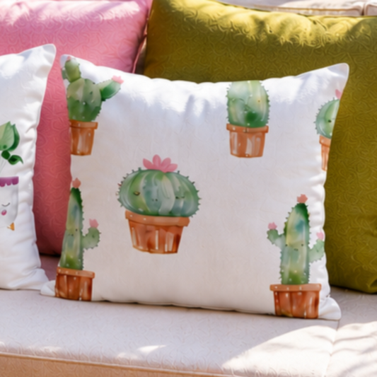 Cute watercolor cactus cushion cover with small potted plants on minimalist white decorative pillow