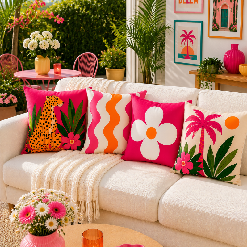 Set of four vibrant tropical decorative cushion covers featuring a cheetah illustration, abstract coral waves, bold white floral artwork, and a palm tree design displayed on a modern white sofa in a lush garden setting.