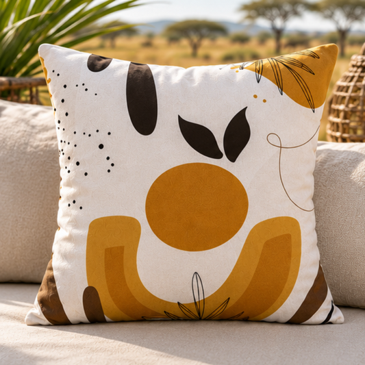 A square decorative throw pillow with an abstract giraffe face print in mustard yellow, brown, and black on a white background, styled on a beige sofa with an outdoor savanna background.