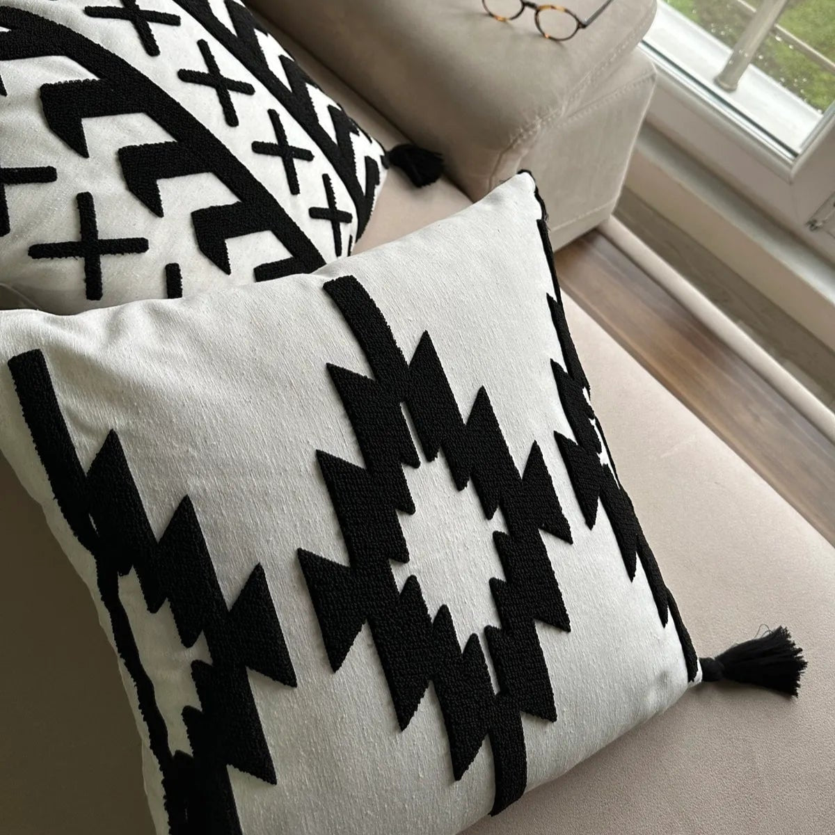 Tribal Collection square diamond embroidered cushion cover in black and white with black tassels – 43x43 cm decorative pillow