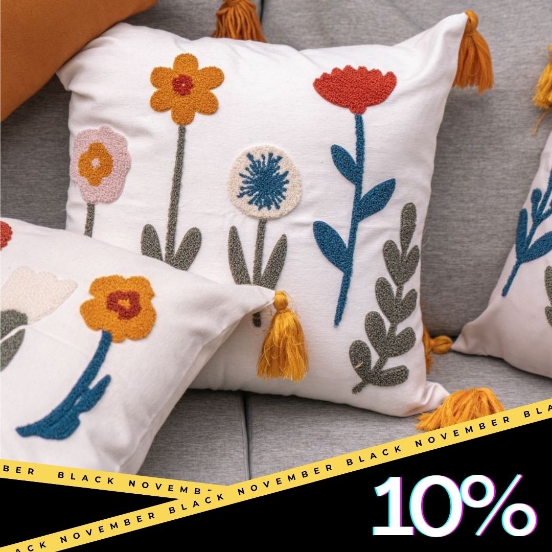 Bloomfield Collection - Square Embroidered Floral Cushion with Tassels