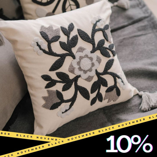 Timeless Collection – Square Embroidered Cushion Cover with Classic Floral Medallion & Grey Tassels – 43x43 cm
