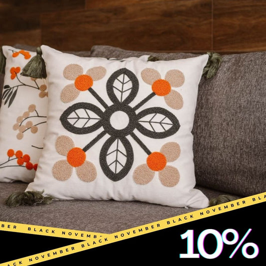 Folk Garden Collection – Geometric Floral Embroidered Cushion Cover with Tassels – 43x43 cm