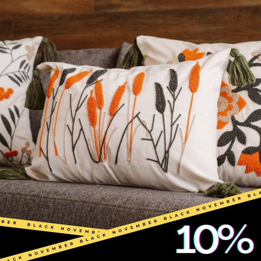 Folk Garden Collection – Rectangular Botanical Embroidered Cushion Cover with Tassels – 35x50 cm