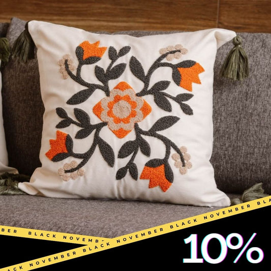 Folk Garden Collection – Folk Embroidered Floral Cushion Cover with Tassels – 43x43 cm