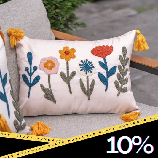 Bloomfield Collection - Rectangular Embroidered Floral Cushion with Tassels