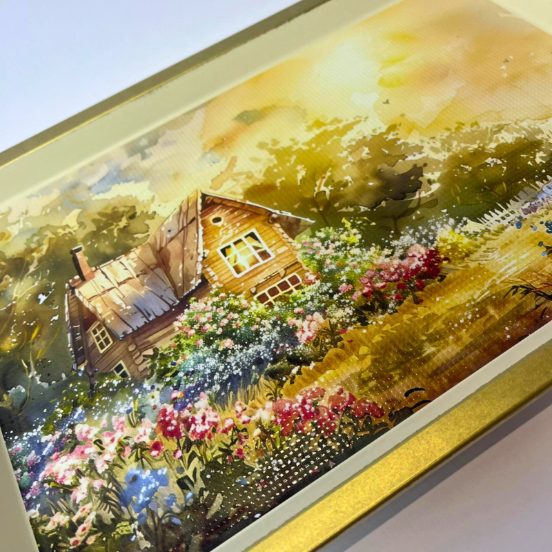 Rectangular serving tray with countryside cottage garden illustration and gold-toned border