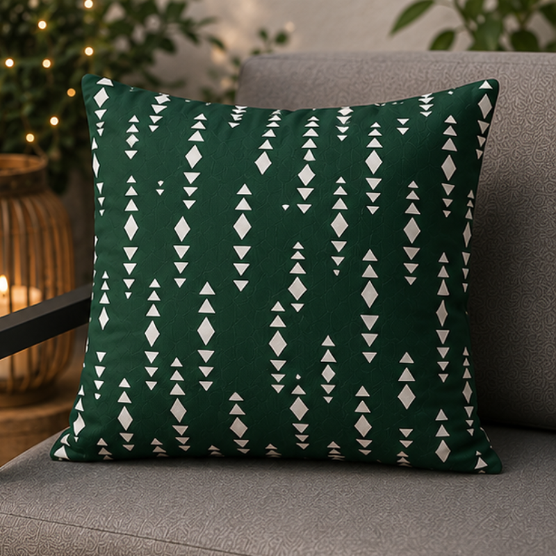 Modern abstract cushion cover with geometric shapes and earth tone colors on decorative pillow