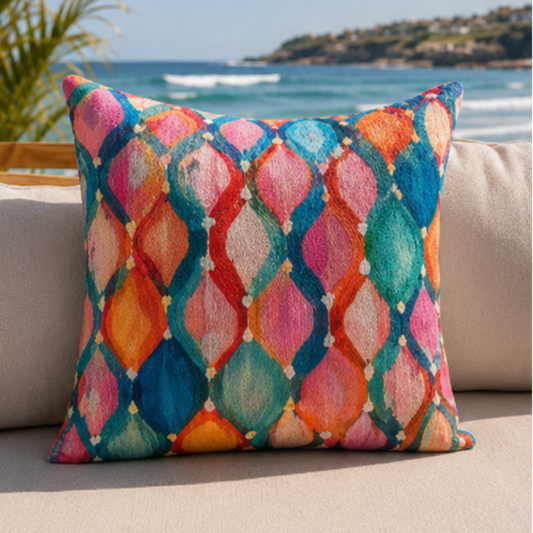 Colorful ikat pattern cushion cover with watercolor geometric design in teal, pink, and orange tones
