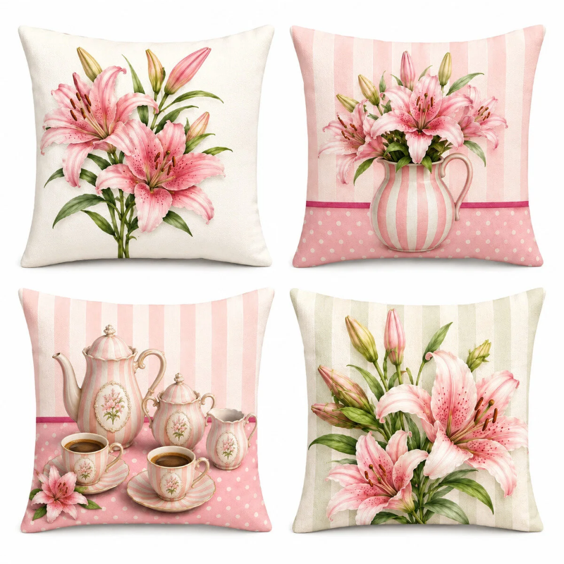 Set of four elegant blush pink decorative cushion covers featuring blooming lily bouquets, vintage tea set illustrations, striped ceramic vases, and soft pastel patterns displayed on a cozy cream sofa.