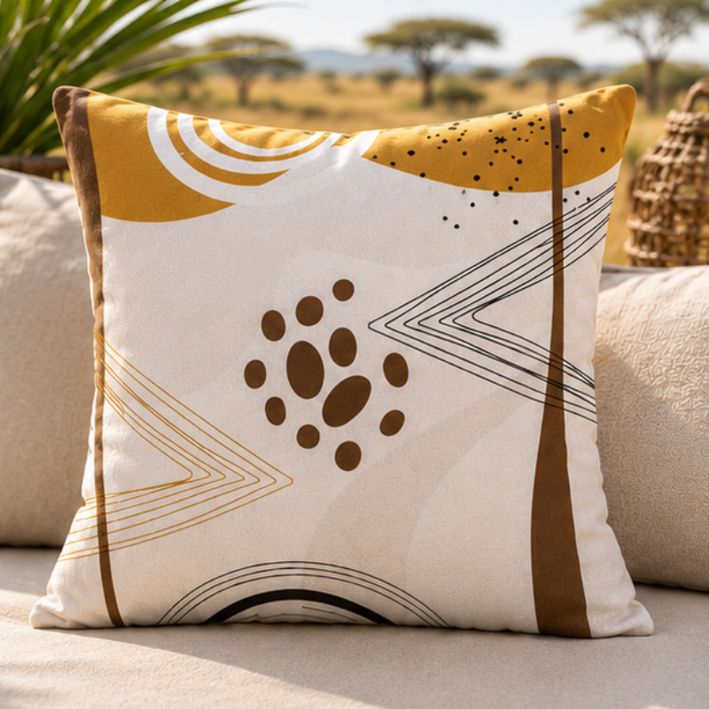 A square decorative throw pillow with an abstract geometric pattern in mustard yellow, brown, black, and cream, styled on a beige outdoor sofa with a blurred savanna landscape background.