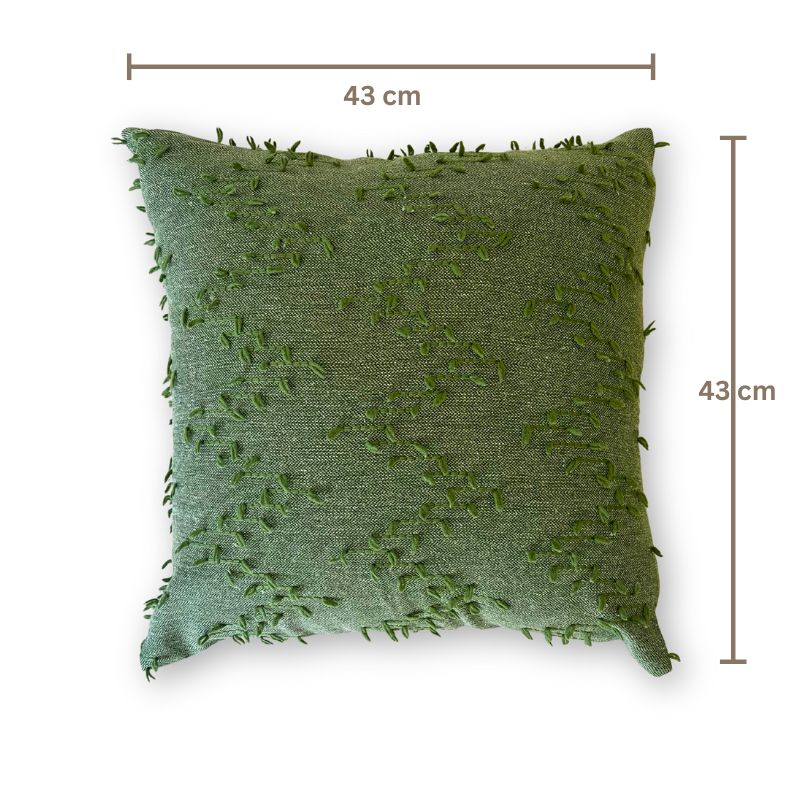 Polka Zigzag Collection – 43x43 cm leafy green embroidered cushion cover on beige sofa