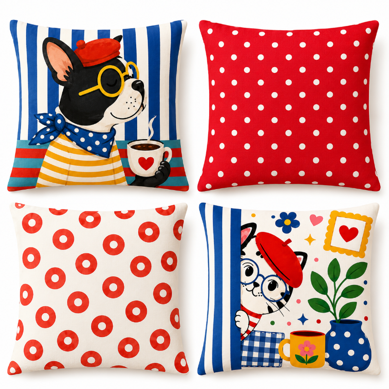 Set of four French café-inspired decorative cushion covers featuring playful animal illustrations with coordinating red and blue geometric patterns displayed on a cozy armchair.