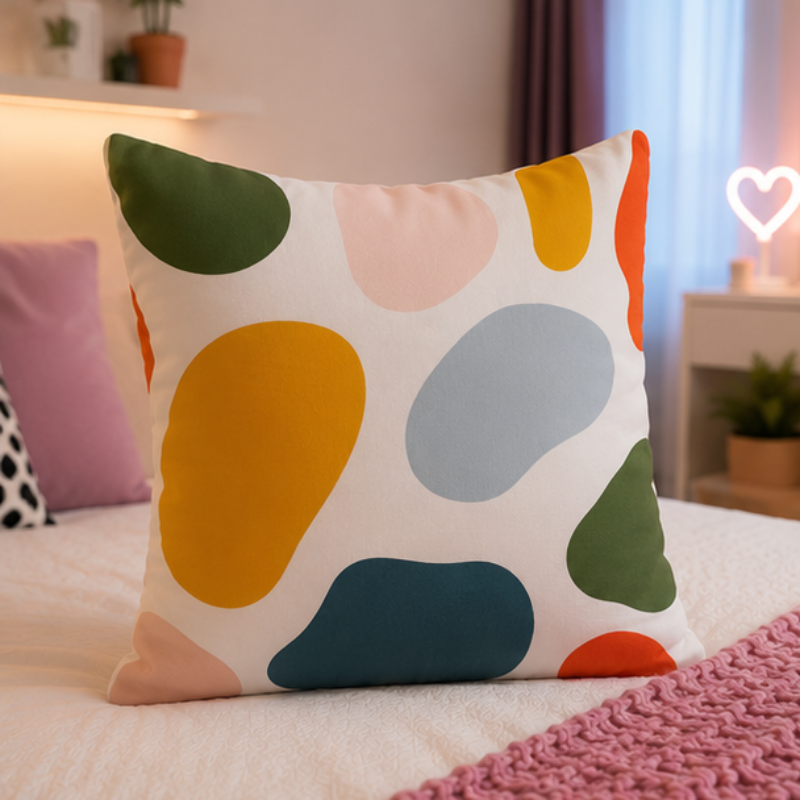 White cushion with black grid lines and abstract colored shapes in a modern geometric design