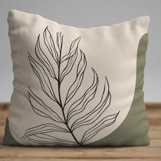 Minimalist beige cushion cover with black leaf line art and olive abstract shape
