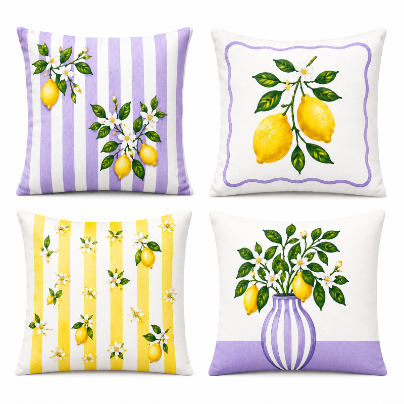 Set of four Mediterranean-inspired decorative cushion covers featuring lemons, citrus blossoms, elegant striped patterns, and a lavender ceramic vase displayed on a modern cream sofa.