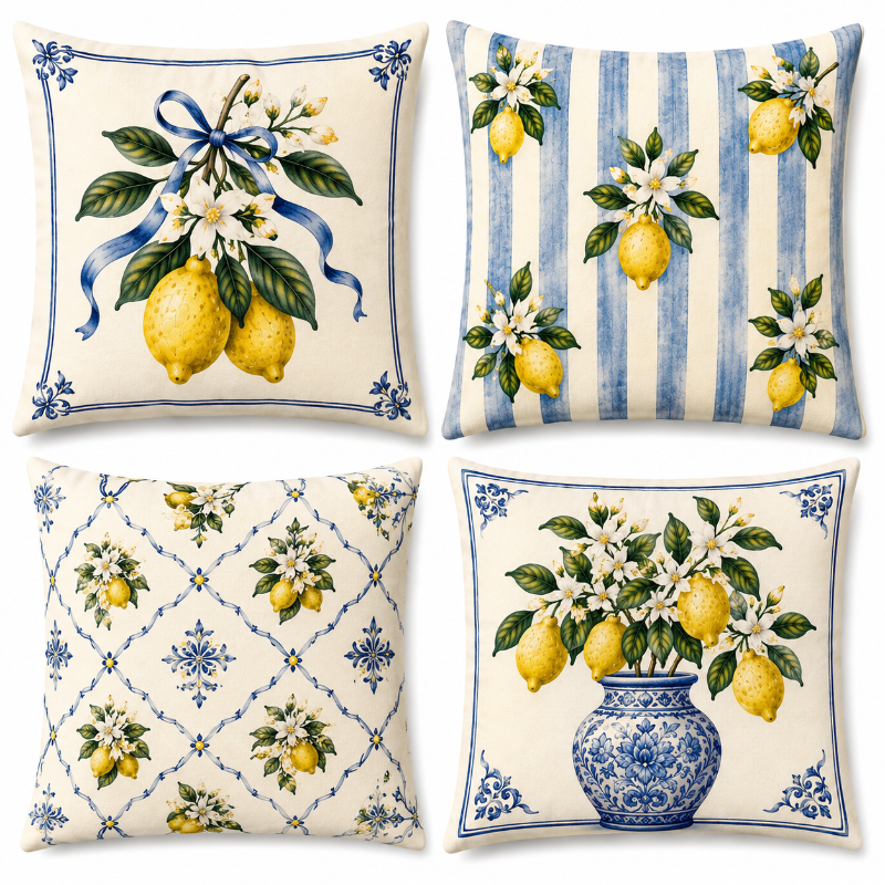 Set of four Mediterranean-inspired decorative cushion covers featuring lemons, citrus blossoms, blue ceramic vases, striped patterns, and traditional Italian tile motifs displayed on a neutral sofa.