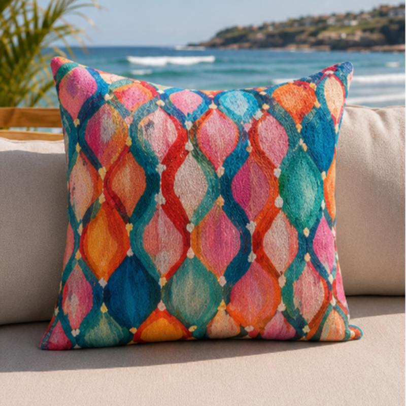 Colorful ikat pattern cushion cover with watercolor geometric design in teal, pink, and orange tones