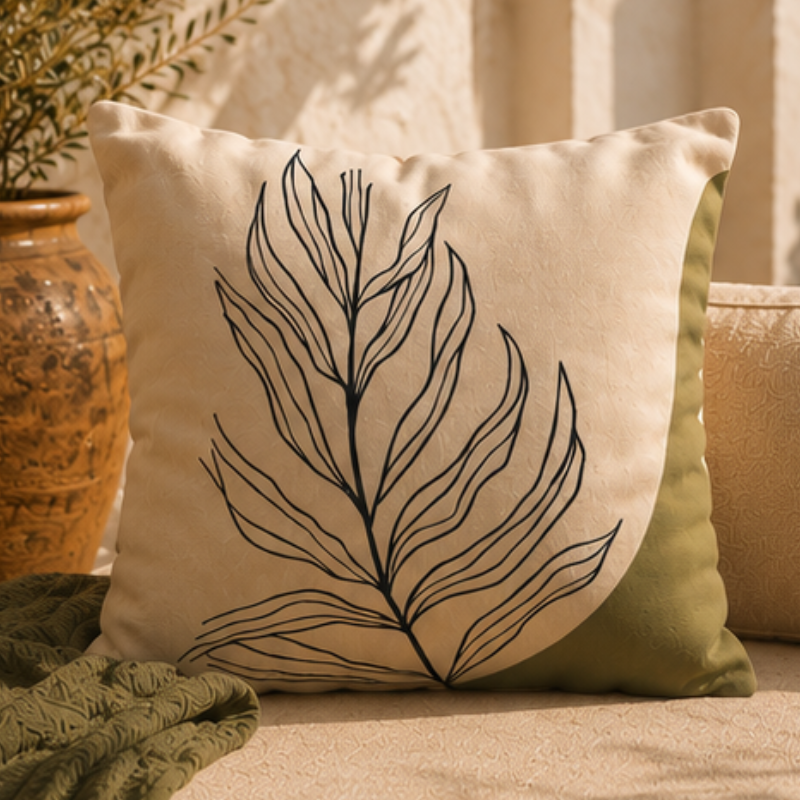 Minimalist beige cushion cover with black leaf line art and olive abstract shape