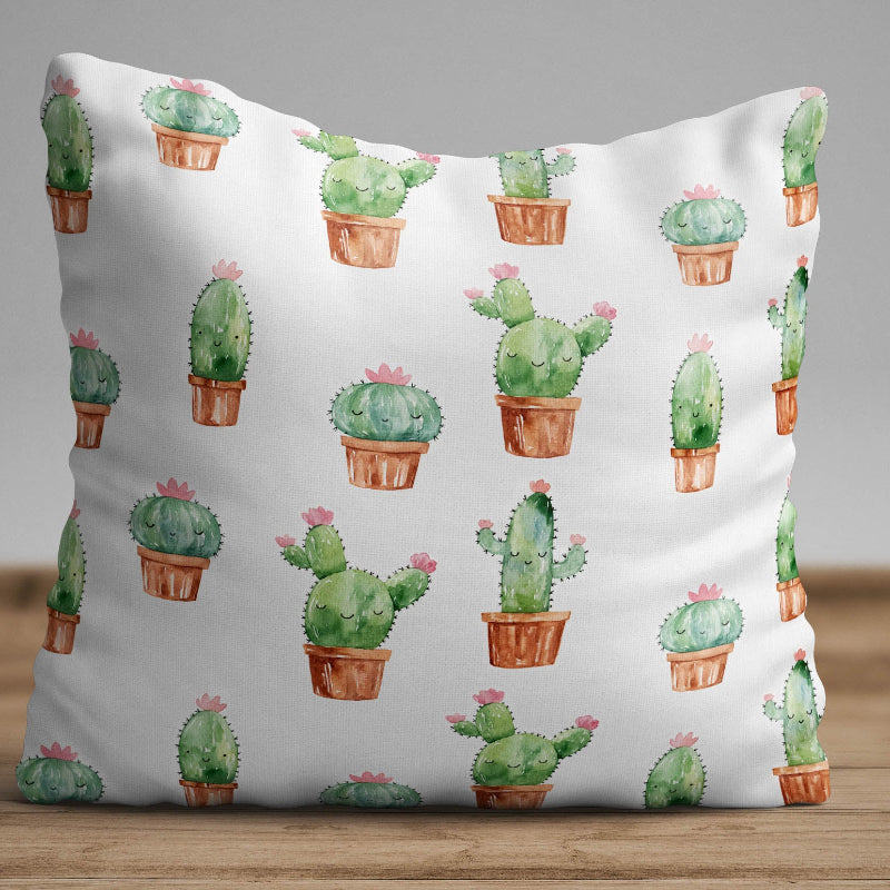 Cute cactus pattern cushion cover with repeating watercolor potted plants on decorative pillow