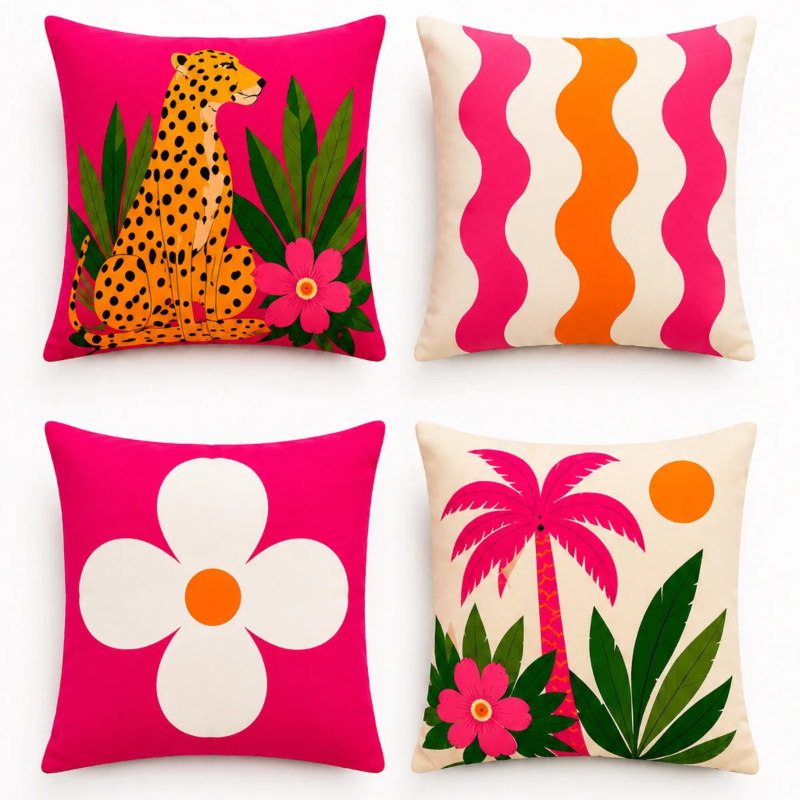 Set of four vibrant tropical decorative cushion covers featuring a cheetah illustration, abstract coral waves, bold white floral artwork, and a palm tree design displayed on a modern white sofa in a lush garden setting.