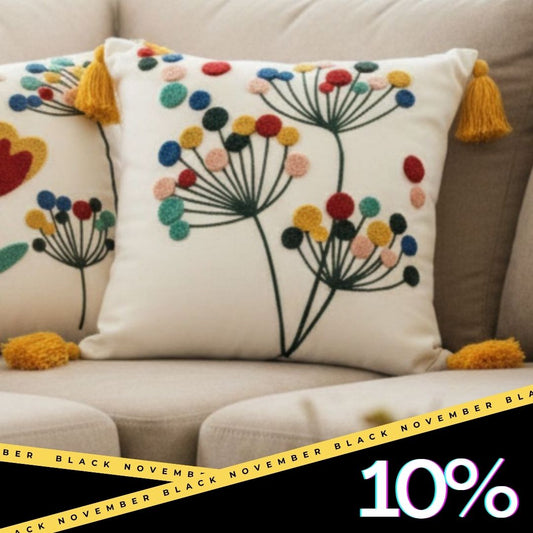 Vivid Bloom Collection – Square Embroidered Cushion Cover with Yellow Tassels – Dandelion Burst Motif – 43x43 cm