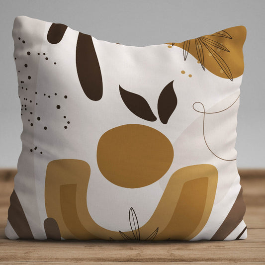 Abstract cushion cover with organic shapes and warm beige, brown and mustard tones