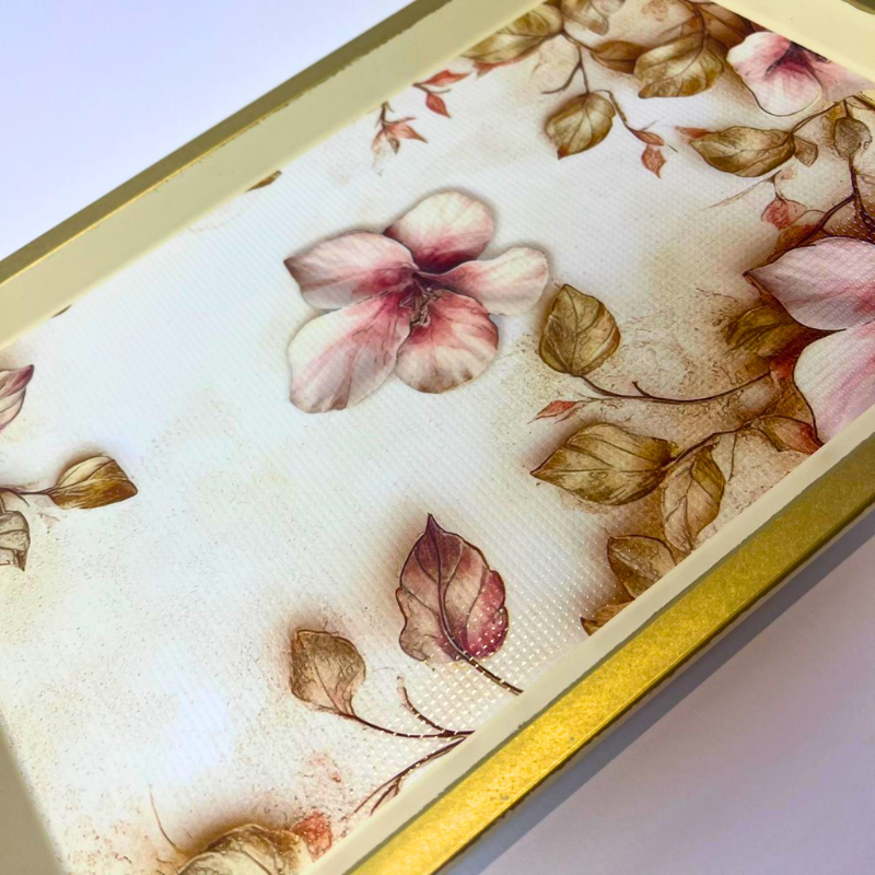 Rectangular serving tray with vintage pink floral design, botanical leaves, and gold-toned border