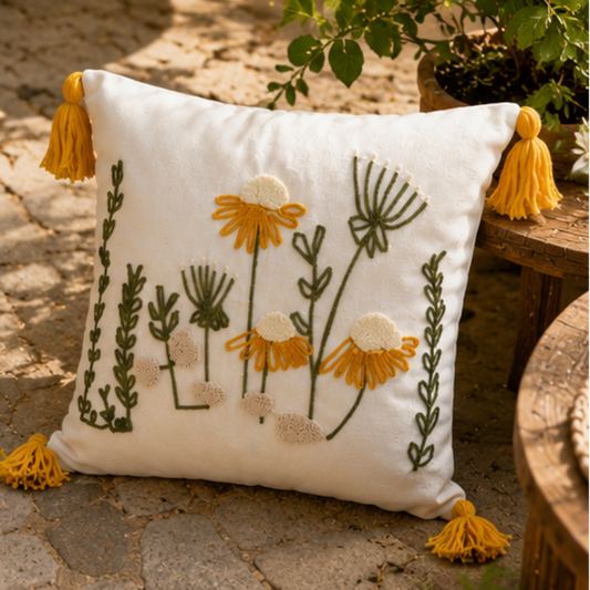 Handcrafted decorative throw pillow with floral embroidery featuring yellow flowers, green leaves, and yellow tassels