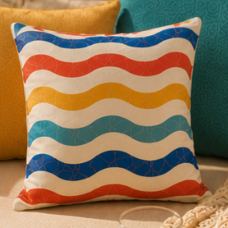 Colorful decorative cushion cover featuring blue, orange, yellow, and aqua wavy stripe patterns on a neutral background