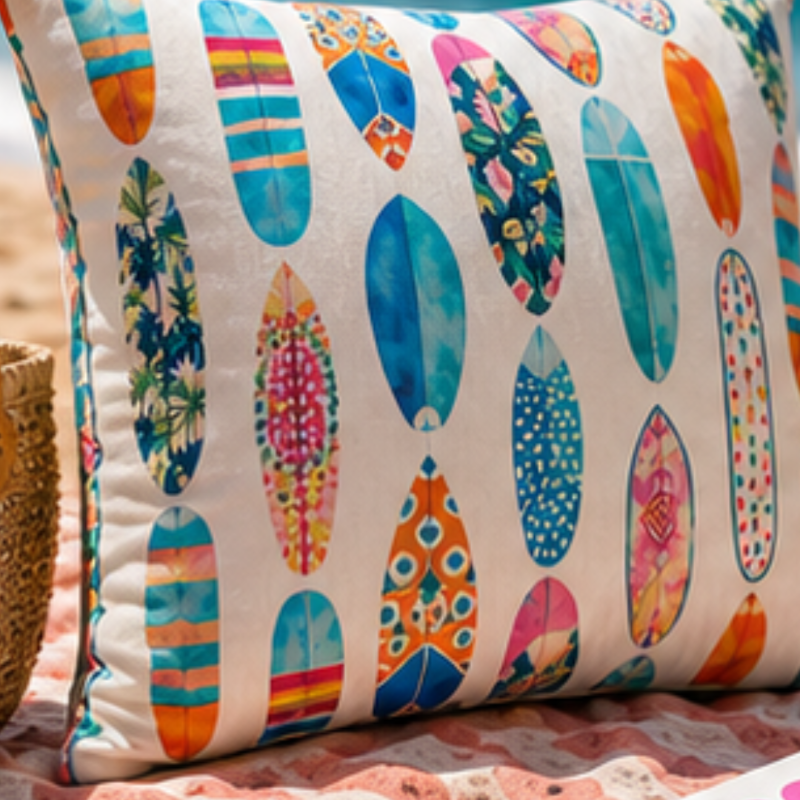 Colorful ikat pattern cushion cover with watercolor geometric design in teal, pink, and orange tones