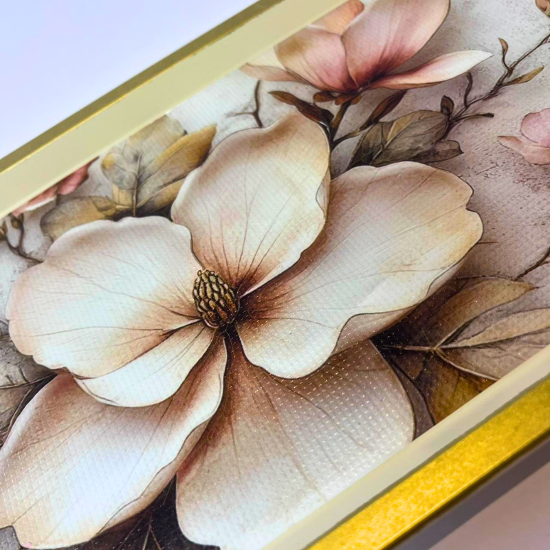 Rectangular serving tray with vintage cream and blush floral design and gold-toned border