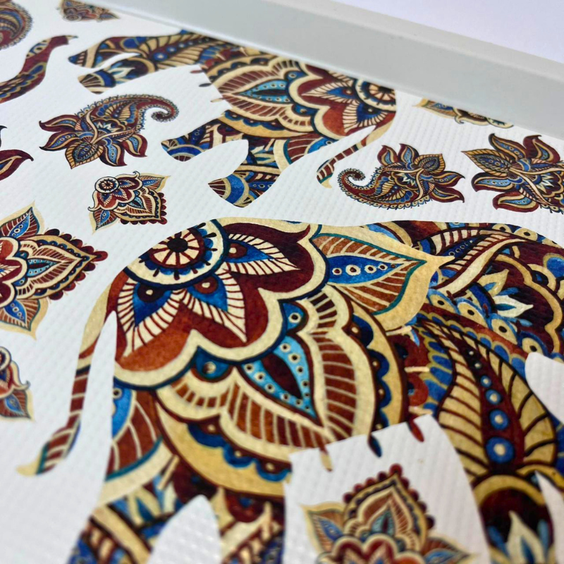 Rectangular serving tray with elephant and paisley-inspired pattern on a light background