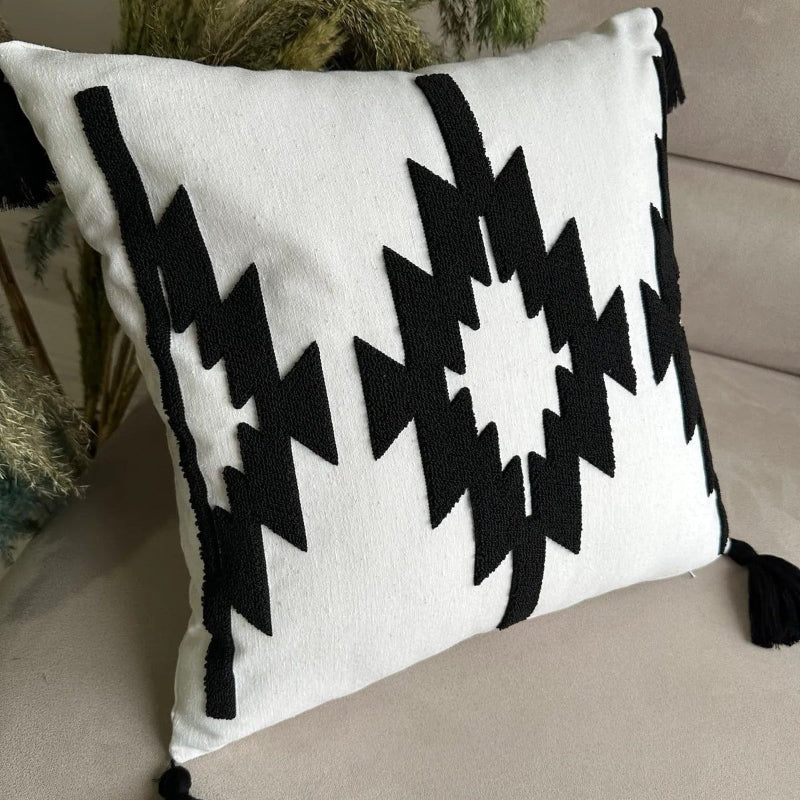 Tribal Collection square diamond embroidered cushion cover in black and white with black tassels – 43x43 cm decorative pillow