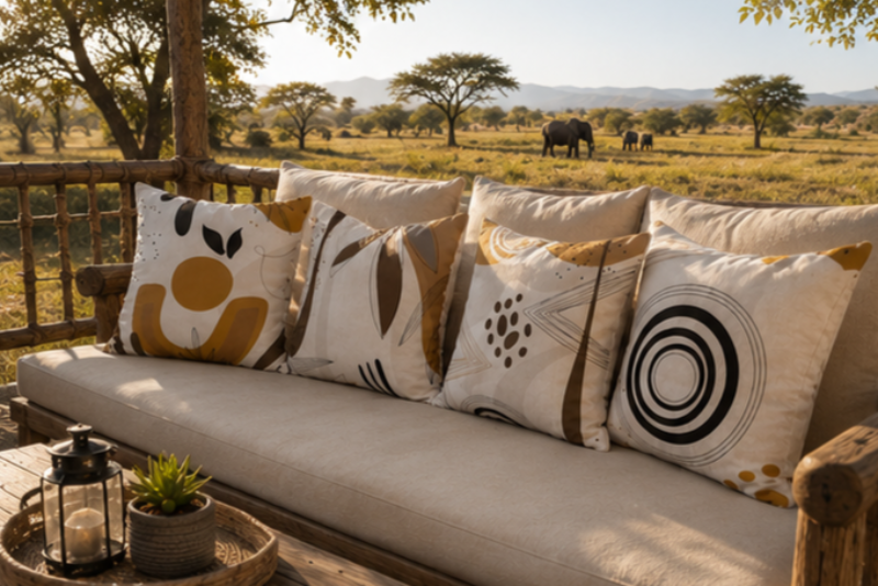 Minimalist cushion cover with concentric circle pattern in brown on beige background with gold accents
