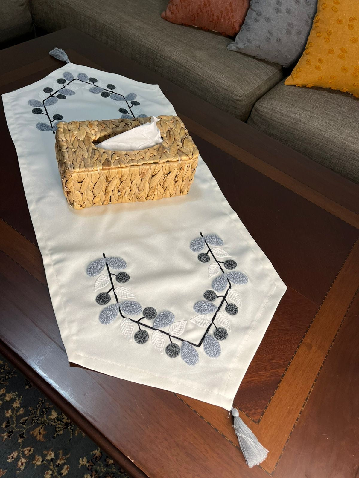 Embroidered Leaf Table Runner – Modern Neutral Dining Table Decor