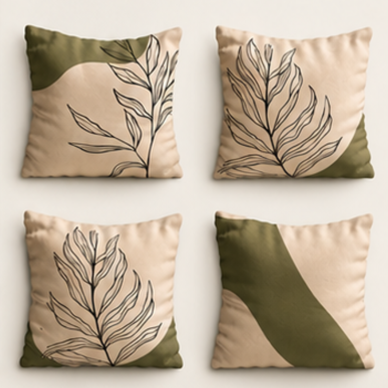 Minimalist beige cushion cover with black leaf line art and olive abstract shape