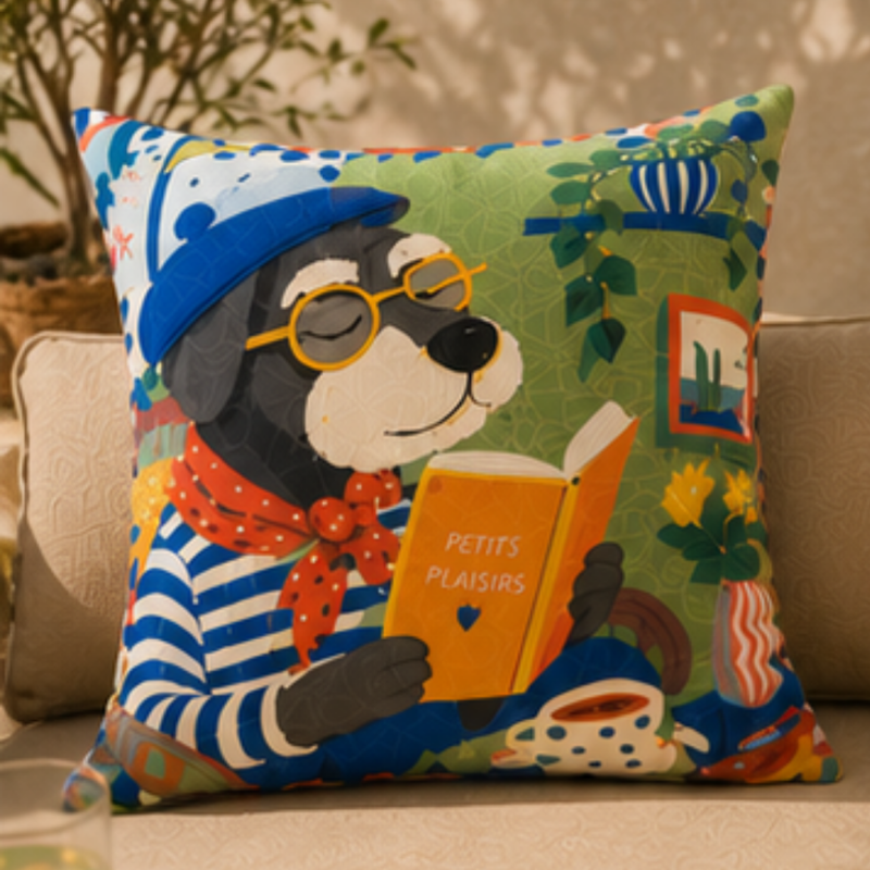 French-style Schnauzer dog wearing a blue beret and striped shirt reading a book while relaxing with coffee and flowers on a decorative cushion cover