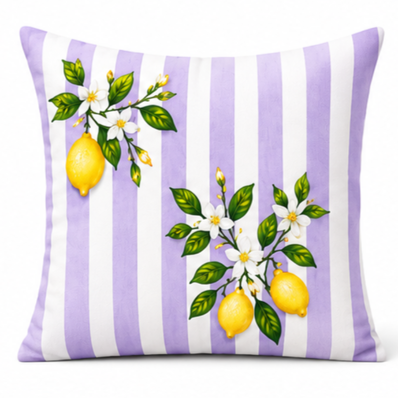 Set of four Mediterranean-inspired decorative cushion covers featuring lemons, citrus blossoms, elegant striped patterns, and a lavender ceramic vase displayed on a modern cream sofa.