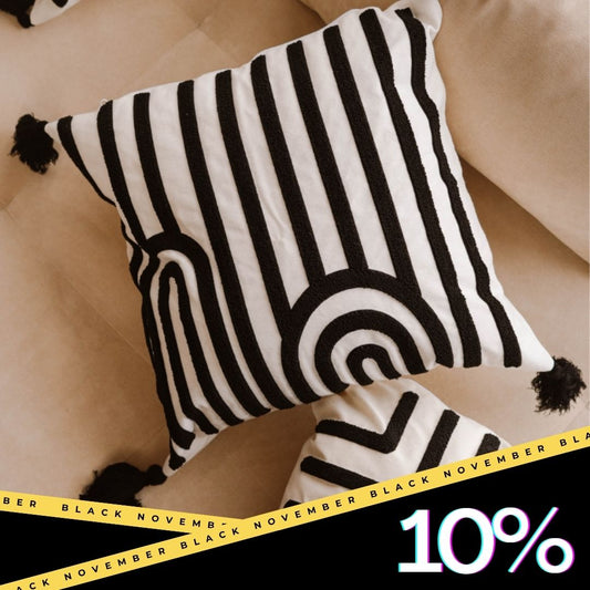 Urban Collection – Square Striped Arch Embroidered Cushion Cover with Black Tassels – 43x43 cm