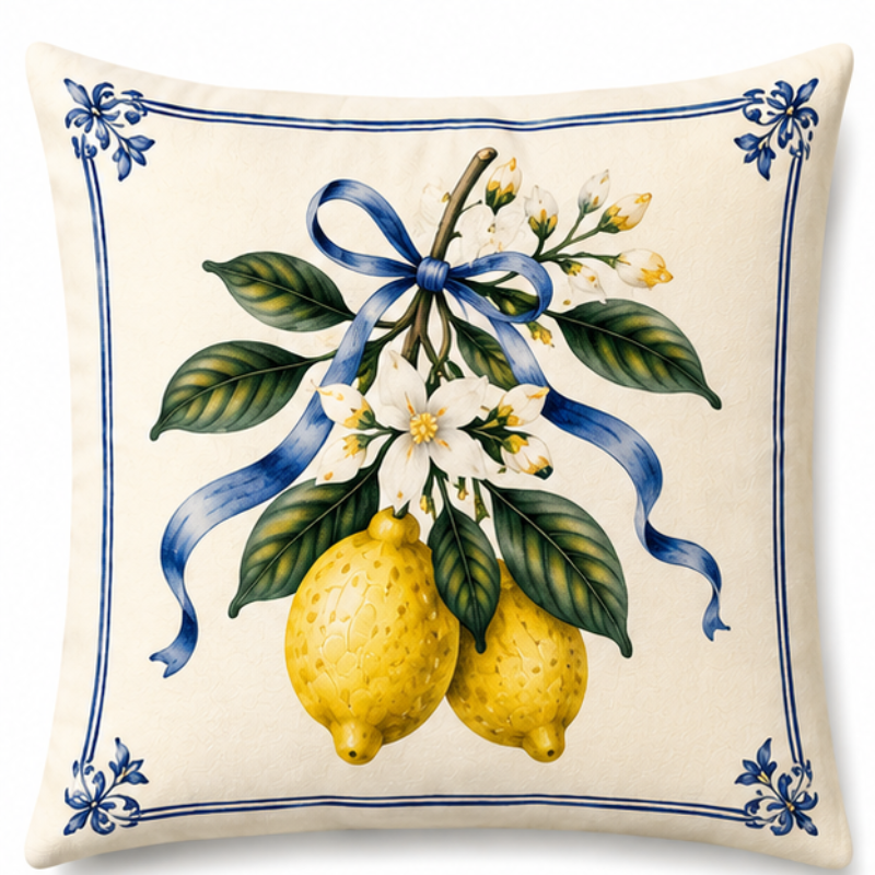 Set of four Mediterranean-inspired decorative cushion covers featuring lemons, citrus blossoms, blue ceramic vases, striped patterns, and traditional Italian tile motifs displayed on a neutral sofa.