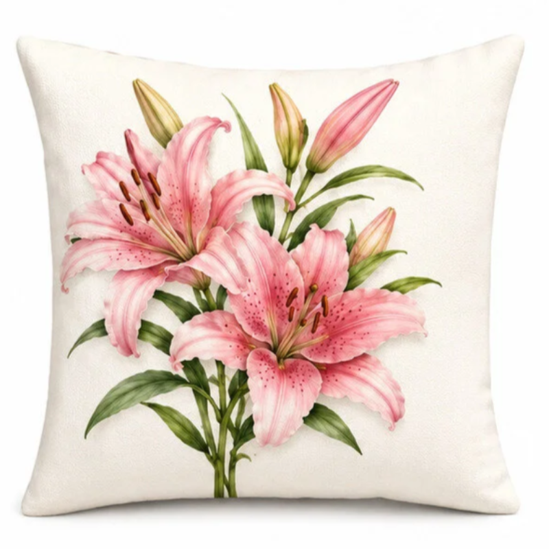 Set of four elegant blush pink decorative cushion covers featuring blooming lily bouquets, vintage tea set illustrations, striped ceramic vases, and soft pastel patterns displayed on a cozy cream sofa.
