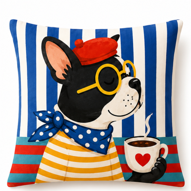 Set of four French café-inspired decorative cushion covers featuring playful animal illustrations with coordinating red and blue geometric patterns displayed on a cozy armchair.