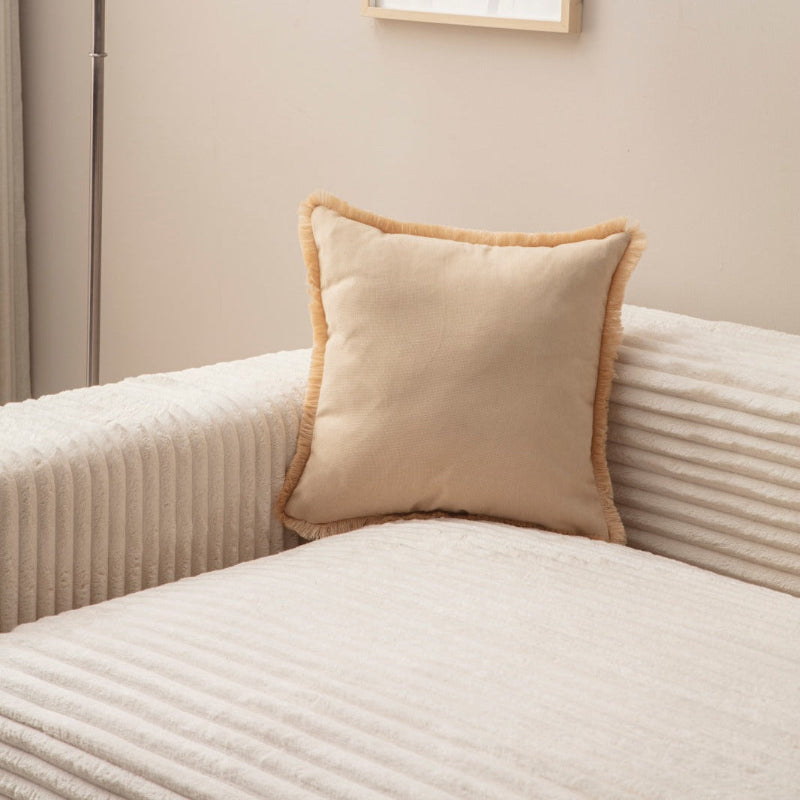 Cream cushion cover with beige fringe on sofa – 43x43 cm
Decorative cream pillow with beige trim styled for modern living room décor
Close-up of cream cushion cover with fringe detail
Neutral cream and beige cushion for sofa or bed décor