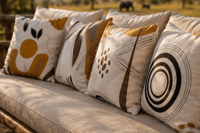 A row of decorative outdoor throw pillows with abstract geometric and animal-inspired patterns in beige, brown, black, and mustard yellow, arranged on a light beige sofa in a warm, sunny outdoor setting.