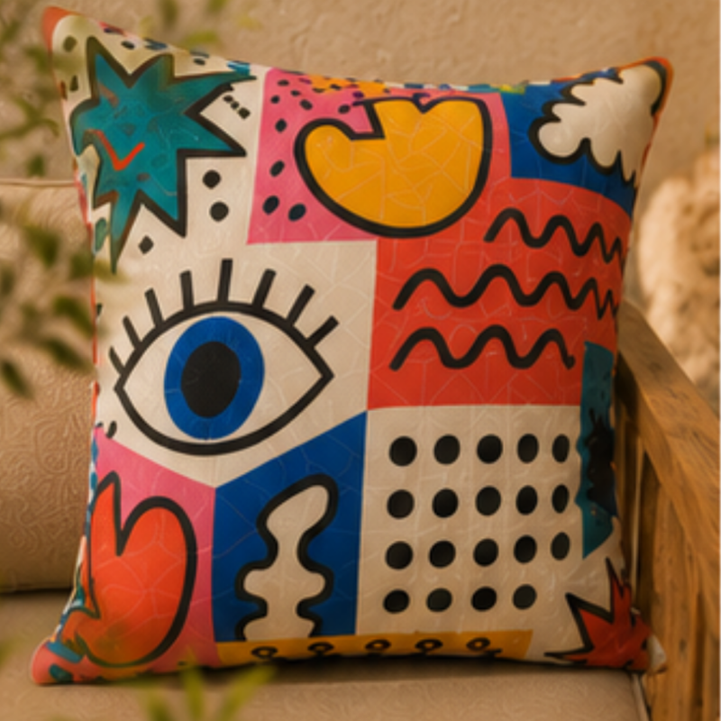 Colorful abstract pop art cushion cover featuring geometric shapes, eye illustration, heart, stars, clouds, and modern graphic patterns